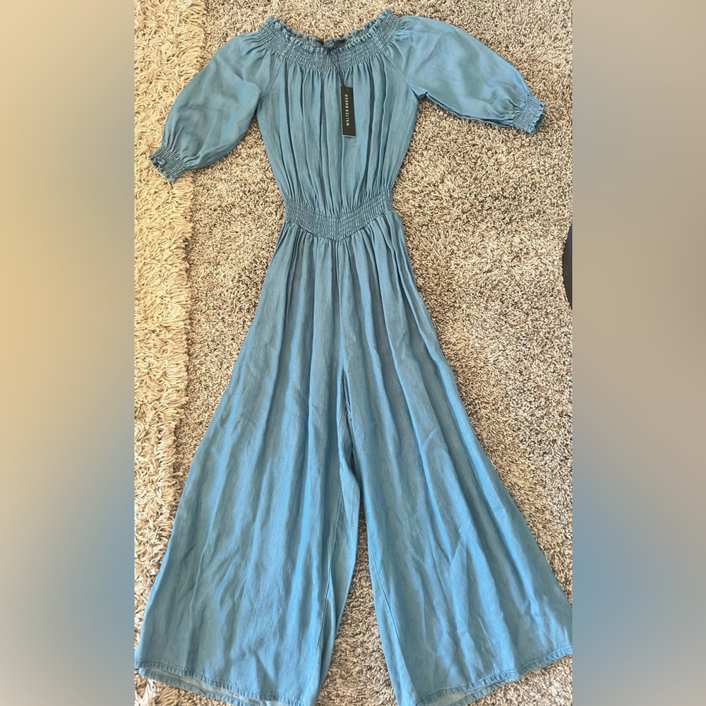 NWT- Walter Baker Light Blue Wide-Leg Jumpsuit with smoked waist